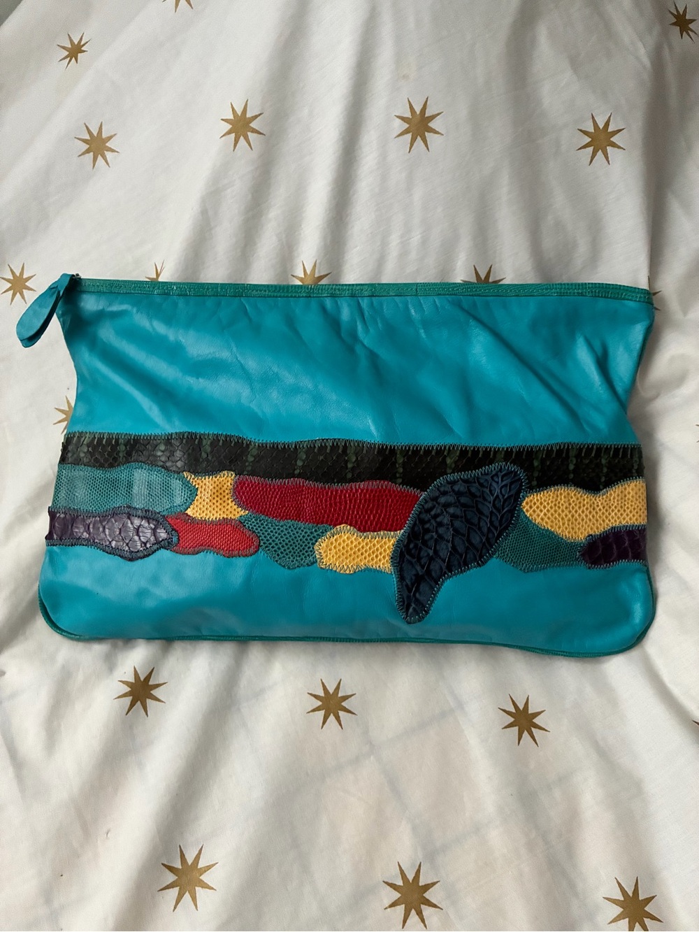 Vintage Teal Leather Patchwork Clutch Bag by  Vasilis for Trotting